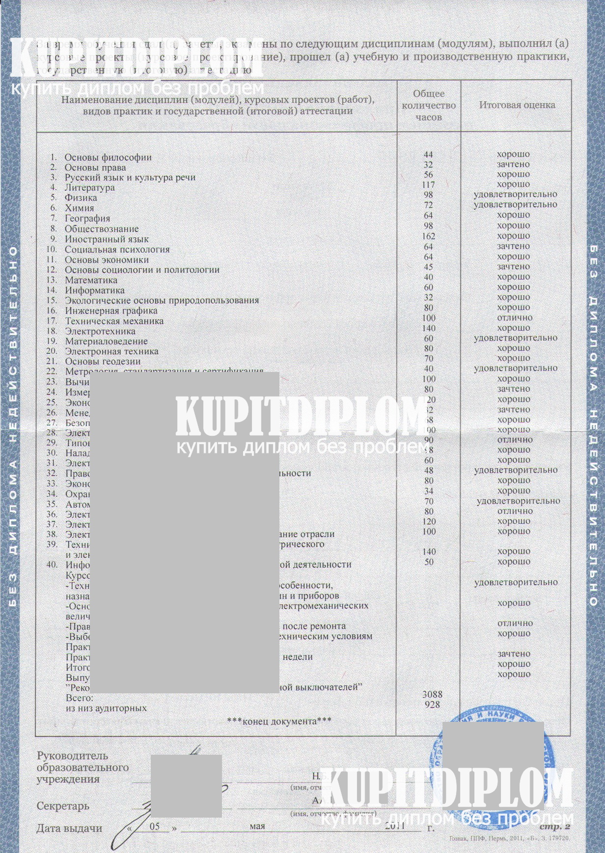Предметы в приложении диплома техникума 2011 года окончания