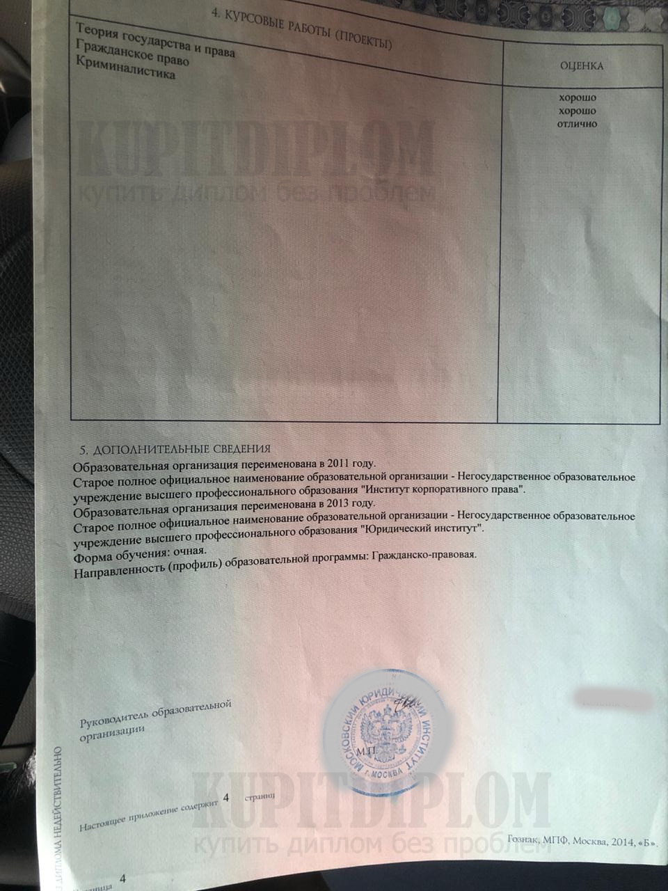 Приложение к диплому Московского юридического института 2014